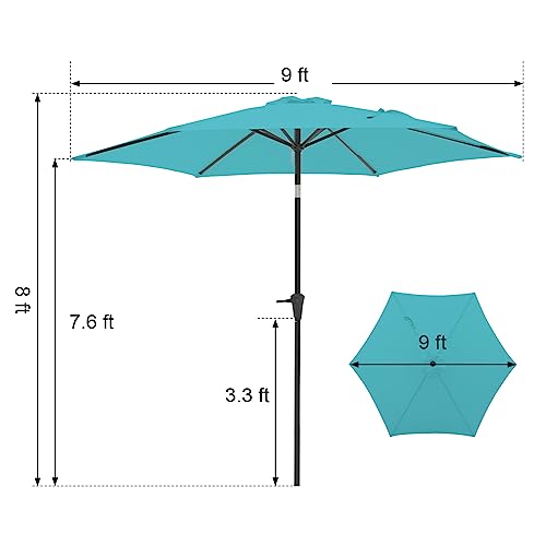 COBANA 9’ Patio Umbrella, Outdoor Table Market Umbrella with Push Button Tilt and Crank, 6 Steel Ribs, Blue