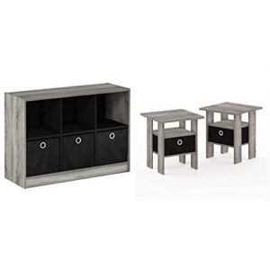 furinno basic 3x2 bookcase storage, 3" x 2", french oak grey/black,99940gyw/bk & andrey set of 2 end table/side table/night stand/bedside table with bin drawer, french oak grey