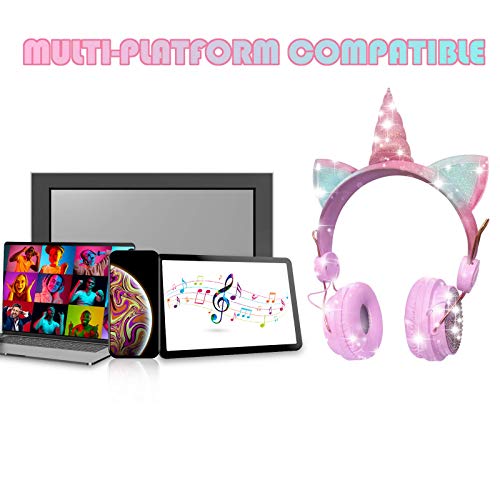 Unicorn Wireless Headphones for Kids,Cat Ear Bluetooth 5.0 Over Ear Headphones with Microphone for Cellphone/iPad/Laptop/PC/TV/PS4/Xbox One, Foldable Gaming Headset for Girls Teens Gift (pink)