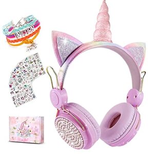 unicorn wireless headphones for kids,cat ear bluetooth 5.0 over ear headphones with microphone for cellphone/ipad/laptop/pc/tv/ps4/xbox one, foldable gaming headset for girls teens gift (pink)