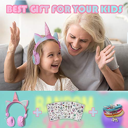 Unicorn Wireless Headphones for Kids,Cat Ear Bluetooth 5.0 Over Ear Headphones with Microphone for Cellphone/iPad/Laptop/PC/TV/PS4/Xbox One, Foldable Gaming Headset for Girls Teens Gift (pink)