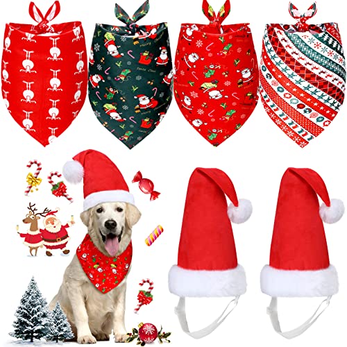 Christmas Dog Bandanas Hat Set 4 Pieces Christmas Dog Bandana Adjustable Pet Triangle Scarf and 2 Pieces Pet Santa Hat Dog Christmas Hat for Pets Dogs Cats Christmas Costumes (Santa Patterns, Large)