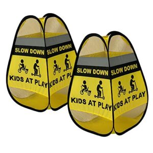 slow down kids at play signs for street | 2 pack slow down signs for neighborhoods | easily weighted, 4-sided polyester caution playing signs | children at play safety signs for street | street signs