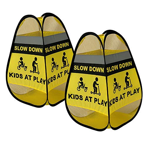 Slow Down Kids at Play Signs for Street | 2 Pack slow down signs for neighborhoods | Easily Weighted, 4-Sided Polyester Caution Playing Signs | Children At Play Safety Signs For Street | Street Signs