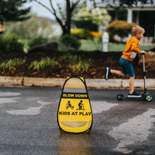 Slow Down Kids at Play Signs for Street | 2 Pack slow down signs for neighborhoods | Easily Weighted, 4-Sided Polyester Caution Playing Signs | Children At Play Safety Signs For Street | Street Signs