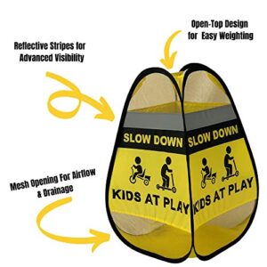 Slow Down Kids at Play Signs for Street | 2 Pack slow down signs for neighborhoods | Easily Weighted, 4-Sided Polyester Caution Playing Signs | Children At Play Safety Signs For Street | Street Signs