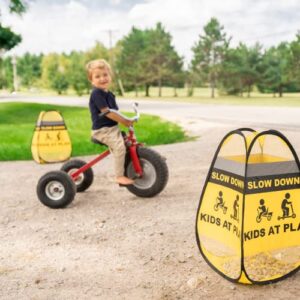 Slow Down Kids at Play Signs for Street | 2 Pack slow down signs for neighborhoods | Easily Weighted, 4-Sided Polyester Caution Playing Signs | Children At Play Safety Signs For Street | Street Signs