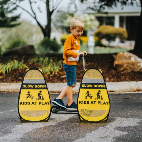 Slow Down Kids at Play Signs for Street | 2 Pack slow down signs for neighborhoods | Easily Weighted, 4-Sided Polyester Caution Playing Signs | Children At Play Safety Signs For Street | Street Signs