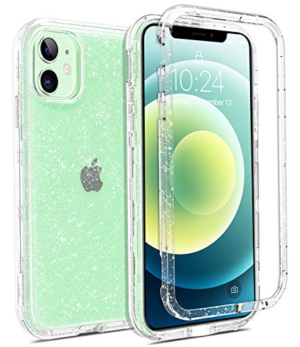 Coolwee Crystal Glitter Full Protective Case Compatible with iPhone 12, Compatible with iPhone 12 Pro Heavy Duty Hybrid 3 in 1 Rugged Shockproof Women Girls Transparent Shiny Clear Bling Sparkle