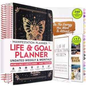 manifestation planner - undated deluxe weekly & monthly life planner to achieve your goals. a 12 month journey to increase productivity, organizer & gratitude journal and stickers