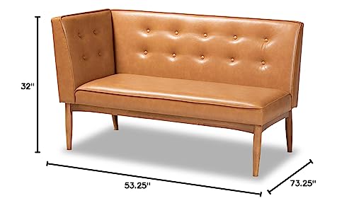 Baxton Studio Arvid Mid-Century Modern Tan Faux Leather Upholstered and Walnut Brown Finished Wood 2-Piece Dining Corner Sofa Bench