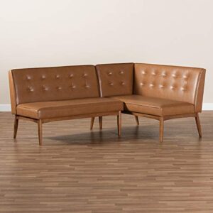 Baxton Studio Arvid Mid-Century Modern Tan Faux Leather Upholstered and Walnut Brown Finished Wood 2-Piece Dining Corner Sofa Bench