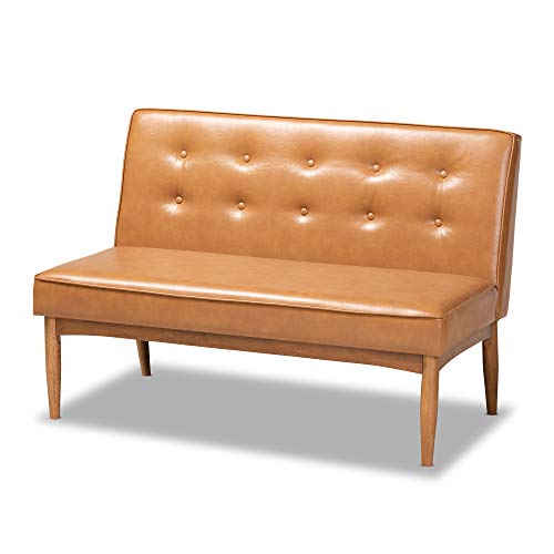 Baxton Studio Arvid Mid-Century Modern Tan Faux Leather Upholstered and Walnut Brown Finished Wood 2-Piece Dining Corner Sofa Bench