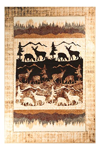 Furnish my Place Pine & Moose Lodge Rug – 5ft. x 8ft, Multicolor Mountain Area Rug with Designer Border, Animal Pattern, Jute Backing. Rustic Theme Décor