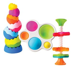 fat brain toys tobbles, mini spinny, dimpl bundle - 9-piece stacking toys, spinning toy, popper toy combo, baby toys activity set