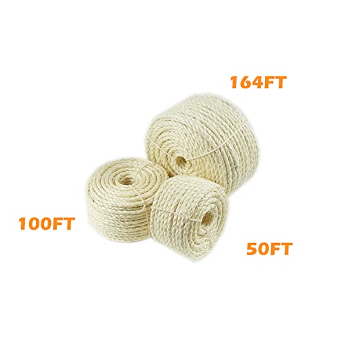 Treasborn Natural Sisal White Rope for Cat Scratcher Scratching Post Replacement 1/4 inch Cat Tree Sisal Rope for Repairing, Recovering or DIY Cat Scratcher 50/100 / 164 Feet