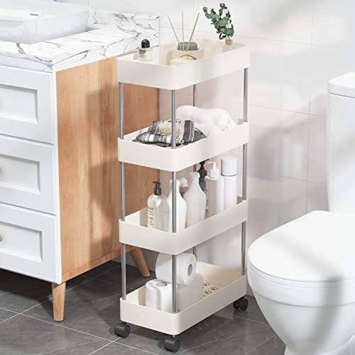 UDEAR Slim Storage Cart,4-Tier Mobile Shelving Unit Rolling Utility Cart for Bathroom, Office,Laundry Room,Kitchen, Narrow Place,White