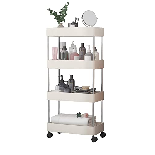 UDEAR Slim Storage Cart,4-Tier Mobile Shelving Unit Rolling Utility Cart for Bathroom, Office,Laundry Room,Kitchen, Narrow Place,White