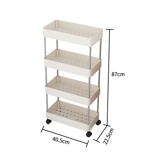 UDEAR Slim Storage Cart,4-Tier Mobile Shelving Unit Rolling Utility Cart for Bathroom, Office,Laundry Room,Kitchen, Narrow Place,White