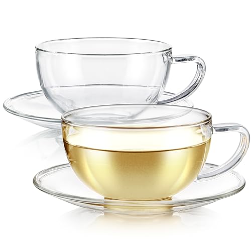 Teabloom Kyoto Teacup and Saucer Set 2-Pack – Standard Teacup Size – 6 OZ/ 180 ML Capacity – Crystal Clear Design –– Premium Borosilicate Glass – Heat Resistant, Microwave Safe