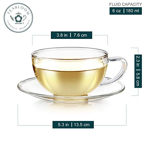 Teabloom Kyoto Teacup and Saucer Set 2-Pack – Standard Teacup Size – 6 OZ/ 180 ML Capacity – Crystal Clear Design –– Premium Borosilicate Glass – Heat Resistant, Microwave Safe