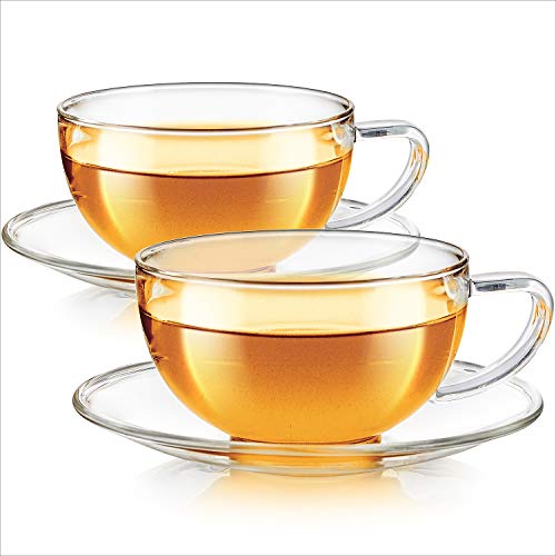 Teabloom Kyoto Teacup and Saucer Set 2-Pack – Standard Teacup Size – 6 OZ/ 180 ML Capacity – Crystal Clear Design –– Premium Borosilicate Glass – Heat Resistant, Microwave Safe