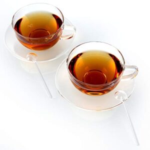 Teabloom Kyoto Teacup and Saucer Set 2-Pack – Large Size – 12 OZ/ 350 ML Capacity – Crystal Clear Design –– Premium Borosilicate Glass – Heat Resistant, Microwave Safe – Glass Mug Set