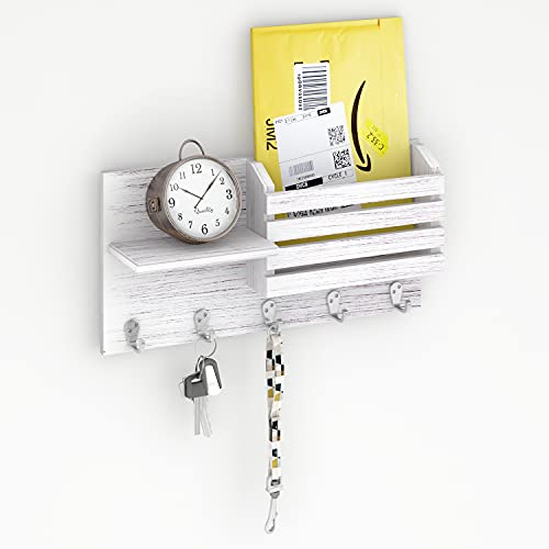 Ballucci Wall Mount Key Holder and Mail Sorter Organizer, Wooden Rustic Floating Shelf Coat Rack with 5 Metal Hooks, for Entryway, Living Room, Mudroom, Kitchen - Rustic White