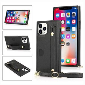 DEFBSC Crossbody Case for iPhone 12, iPhone 12 Pro Case 5G, Finger Strap Wallet Case with PU Kickstand and Adjustable Detachable Crossbody Strap Card Slot Heavy Duty Protective Square Cover-Black