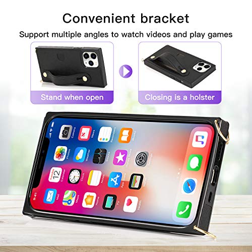 DEFBSC Crossbody Case for iPhone 12, iPhone 12 Pro Case 5G, Finger Strap Wallet Case with PU Kickstand and Adjustable Detachable Crossbody Strap Card Slot Heavy Duty Protective Square Cover-Black