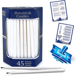 dripless hanukkah candle set of 45 premium solid white thin tapered candles for standard chanukah menorah, birthday party, celebration candles enough for 8 nights of hanukah by aviv judaica