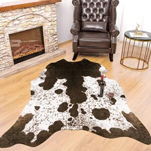 rostyle faux cowhide rug 5.2 x 4.6 feet, cute cow hide rug for living room bedroom western home decor faux fur cow print rugs white and brown