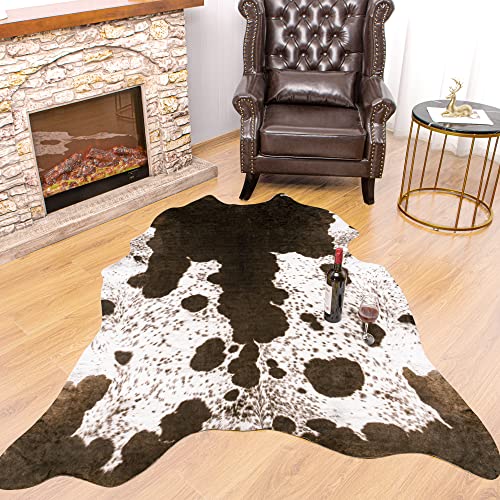 Rostyle Faux Cowhide Rug 5.2 x 4.6 Feet, Cute Cow Hide Rug for Living Room Bedroom Western Home Decor Faux Fur Cow Print Rugs White and Brown