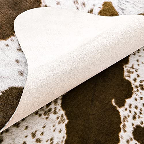 Rostyle Faux Cowhide Rug 5.2 x 4.6 Feet, Cute Cow Hide Rug for Living Room Bedroom Western Home Decor Faux Fur Cow Print Rugs White and Brown