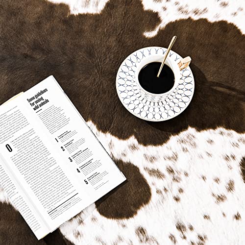 Rostyle Faux Cowhide Rug 5.2 x 4.6 Feet, Cute Cow Hide Rug for Living Room Bedroom Western Home Decor Faux Fur Cow Print Rugs White and Brown