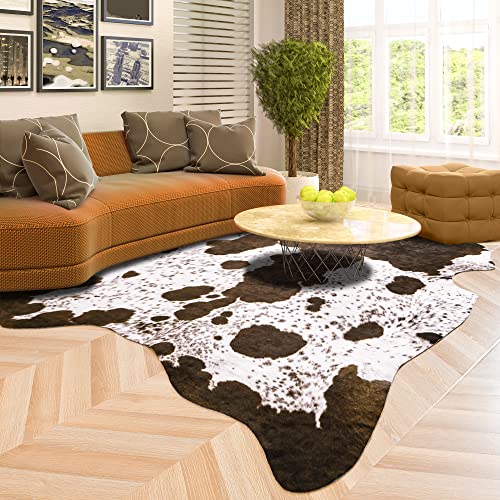 Rostyle Faux Cowhide Rug 5.2 x 4.6 Feet, Cute Cow Hide Rug for Living Room Bedroom Western Home Decor Faux Fur Cow Print Rugs White and Brown