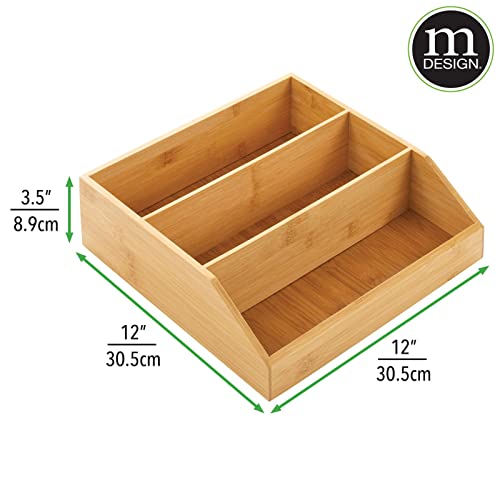 mDesign Wide Bamboo Wood Food Storage Bin with Divided 3 Compartments and Sloped Front for Kitchen Cabinet, Pantry, Shelf to Organize Seasoning Packets, Powder Mixes, Spices, Snacks - Natural