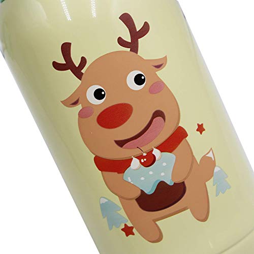 Thermos Water Bottle for Kids, 18/10 Stainless Steel Insulated Flask Bottles with Straw. 2 Lids, Pouch, Reindeer, 17 OZ