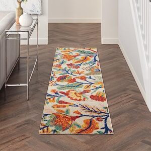 nourison allur floral ivory multicolor 2'3" x 7'6" area -rug, easy -cleaning, non shedding, bed room, living room, dining room, kitchen (2x8)