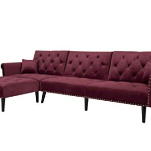 Peciafy Modern Reversible Sectional Sofa Couch for Living Room L-Shape Sofa Couch 3-seat Sofas Solid Wood Legs for Small Space, Decor with Metal Nails - Wine Red