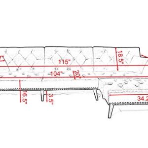 Peciafy Modern Reversible Sectional Sofa Couch for Living Room L-Shape Sofa Couch 3-seat Sofas Solid Wood Legs for Small Space, Decor with Metal Nails - Wine Red