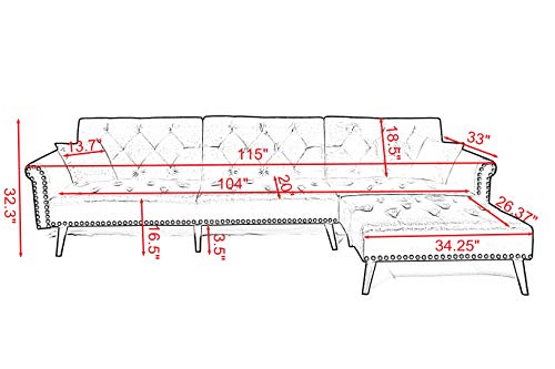 Peciafy Modern Reversible Sectional Sofa Couch for Living Room L-Shape Sofa Couch 3-seat Sofas Solid Wood Legs for Small Space, Decor with Metal Nails - Wine Red