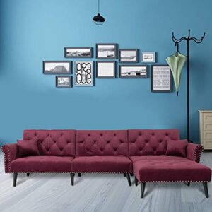Peciafy Modern Reversible Sectional Sofa Couch for Living Room L-Shape Sofa Couch 3-seat Sofas Solid Wood Legs for Small Space, Decor with Metal Nails - Wine Red