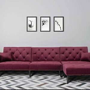 Peciafy Modern Reversible Sectional Sofa Couch for Living Room L-Shape Sofa Couch 3-seat Sofas Solid Wood Legs for Small Space, Decor with Metal Nails - Wine Red