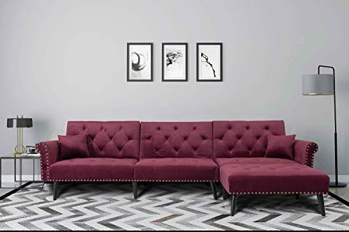 Peciafy Modern Reversible Sectional Sofa Couch for Living Room L-Shape Sofa Couch 3-seat Sofas Solid Wood Legs for Small Space, Decor with Metal Nails - Wine Red