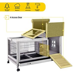 Aivituvin Rabbit Hutch Indoor Rabbit Cage Outdoor Bunny Hutch Guinea Pig Cage with Removable Wire Floor & Wheels