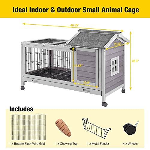 Aivituvin Rabbit Hutch Indoor Rabbit Cage Outdoor Bunny Hutch Guinea Pig Cage with Removable Wire Floor & Wheels