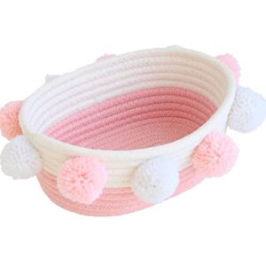 rengaorise small pink basket with pompoms, 10.6" x 9.8" x 4.3" oval decorative cute cotton rope woven baby basket for diapers, towels, hair accessories,toys, gifts, basket empty to fill for baby shower, nursery, birthday