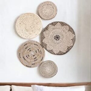 TheNamiCollection Five Seagrass Baskets Set | Hanging, Decorative, Boho Styled Perfect For Trendy, All Natural Home Wall Decor | Handmade, Round, Woven