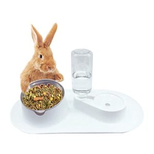tfwadmx rabbit double bowls bunny automatic water dispenser detachable plastic bottle adjustable titled neck protection food feeder for chinchilla cat puppy squirrel and other small animals